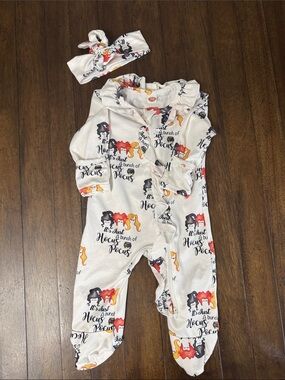 White Hocus Pocus Baby Girl 3-6 6 month One-Piece with Headband